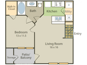 Degas B Floor Plan | 1 Bedroom with 1 Bath | 681 Square Feet | Stonebriar of Frisco | Apartment Homes