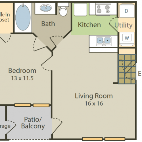 Degas B Floor Plan | 1 Bedroom with 1 Bath | 681 Square Feet | Stonebriar of Frisco | Apartment Homes