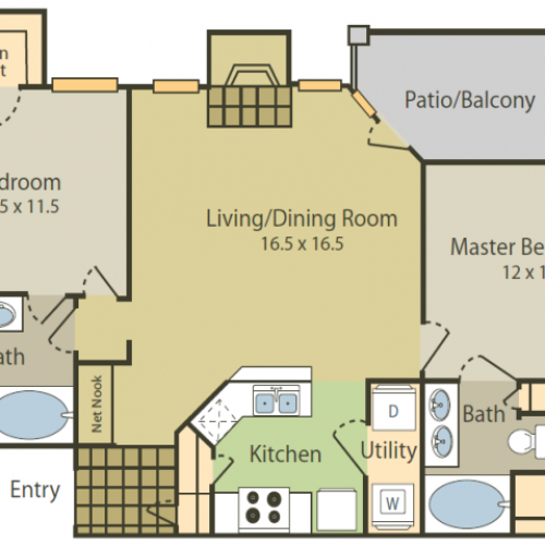 Picasso Floor Plan | 2 Bedroom with 2 Bath | 1032 Square Feet | Stonebriar of Frisco | Apartment Homes