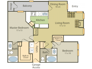 Botticelli A Floor Plan | 2 Bedroom with 2 Bath | 1205 Square Feet | Stonebriar of Frisco | Apartment Homes