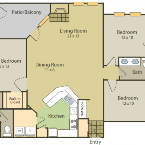 Da Vinci Floor Plan 1 | 3 Bedroom with 2 Bath | 1383 Square Feet | Stonebriar of Frisco | Apartment Homes