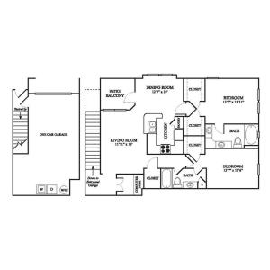 E2 Renovated Floor Plan | 2 Bedroom with 2 Bath | 1323 Square Feet | The Raveneaux | Apartment Homes
