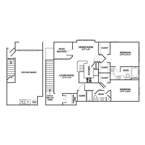 E2 Floor Plan | 2 Bedroom with 2 Bath | 1323 Square Feet | The Raveneaux | Apartment Homes