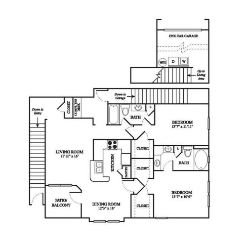 E3 Upgraded Floor Plan | 2 Bedroom with 2 Bath | 1355 Square Feet | The Raveneaux | Apartment Homes
