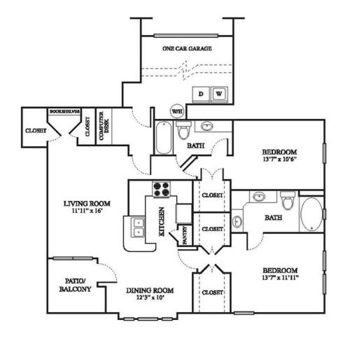 E1 Renovated Floor Plan | 2 Bedroom with 2 Bath | 1259 Square Feet | The Raveneaux | Apartment Homes