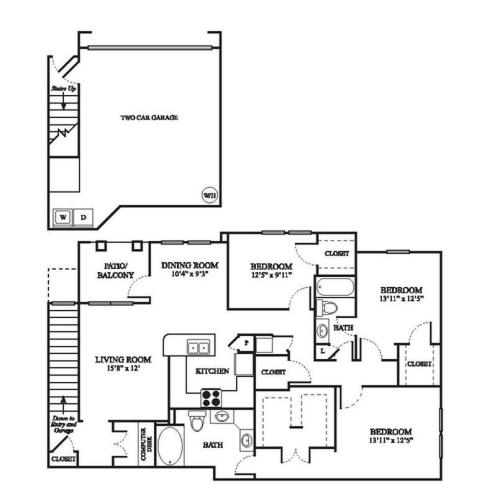 F2 Floor Plan | 3 Bedroom with 2 Bath | 1644 Square Feet | The Raveneaux | Apartment Homes