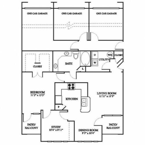 C2 Renovated Floor Plan | 1 Bedroom with 1 Bath | 1032 Square Feet | The Raveneaux | Apartment Homes