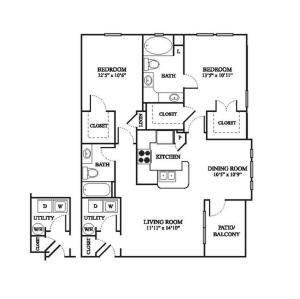 D Upgraded Floor Plan | 2 Bedroom with 2 Bath | 1138 Square Feet | The Raveneaux | Apartment Homes