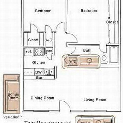 E Floor Plan | 2 Bedroom with 1 Bath | 880 Square Feet | The Regatta | Apartment Homes
