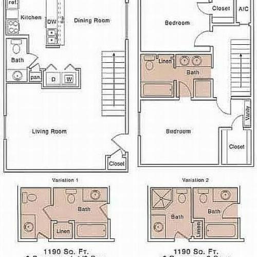 H Floor Plan | 2 Bedroom with 1.5 Bath | 1190 Square Feet | The Regatta | Apartment Homes
