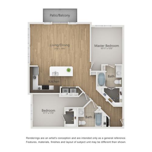 Paramount Floor Plan | 2 Bedroom with 2 Bath | 1189 Square Feet | The Melrose | Apartment Homes