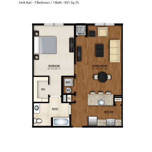 AA2 Floor Plan | 1 Bedroom 1 Bath | 831 Square Feet | Parc Westborough | Apartment Homes
