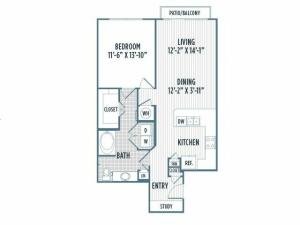880-A11 Floor Plan | 1 Bedroom with 1 Bath | 877 Square Feet | 3800 Main | Apartment Homes