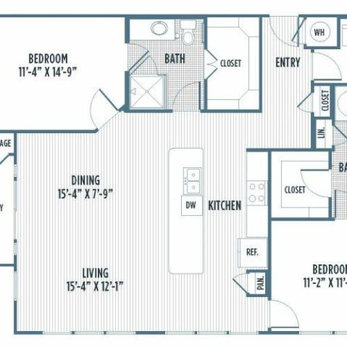 880-B5 Floor Plan | 2 Bedroom with 2 Bath | 1310 Square Feet | 3800 Main | Apartment Homes