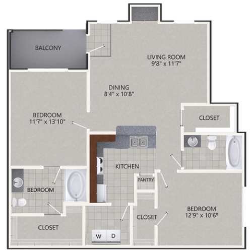 B1 Floor Plan | 2 Bedroom with 2 Bath | 1092 Square Feet | Cottonwood Ridgeview | Apartment Homes