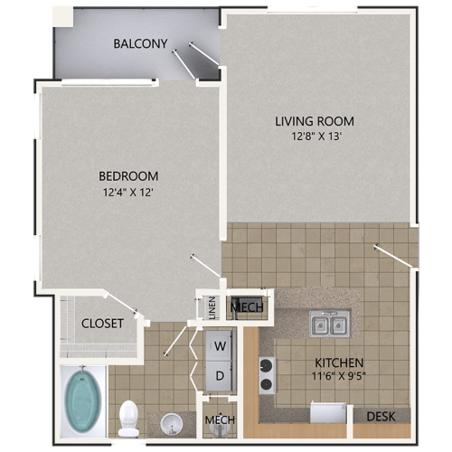 Scarlet Oak Floor Plan | 1 Bedroom with 1 Bath | 756 Square Feet | Cottonwood Reserve | Apartment Homes