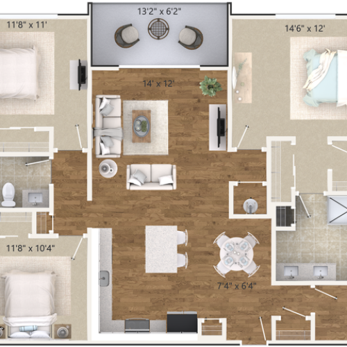 The Stella Floor Plan | 3 Bedroom 2 Bath | 1355 Square Feet | Cottonwood West Palm | Apartment Homes