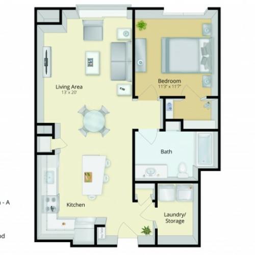 A1 Floor Plan | 1 Bedroom with 1 Bath | 814 Square Feet | Cottonwood One Upland | Apartment Homes
