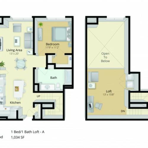 A6L Floor Plan | 1 Bedroom with 1 Bath and Loft | 1035 Square Feet | Cottonwood One Upland | Apartment Homes