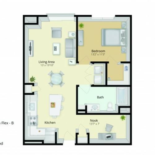 A3D Floor Plan | 1 Bedroom with 1 Bath and Den | 906 Square Feet | Cottonwood One Upland | Apartment Homes