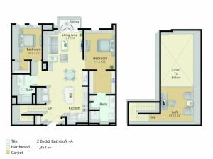 B4 Loft Floor Plan | 2 Bedroom with 2 Bath and Loft | 1353 Square Feet | Cottonwood One Upland | Apartment Homes