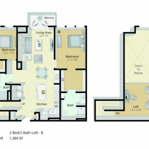 B7L Floor Plan | 2 Bedroom with 2 Bath and Loft | 1389 Square Feet | Cottonwood One Upland | Apartment Homes