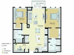 B3D Floor Plan | 2 Bedroom with 2 Bath and Den | 1219 Square Feet | Cottonwood One Upland | Apartment Homes