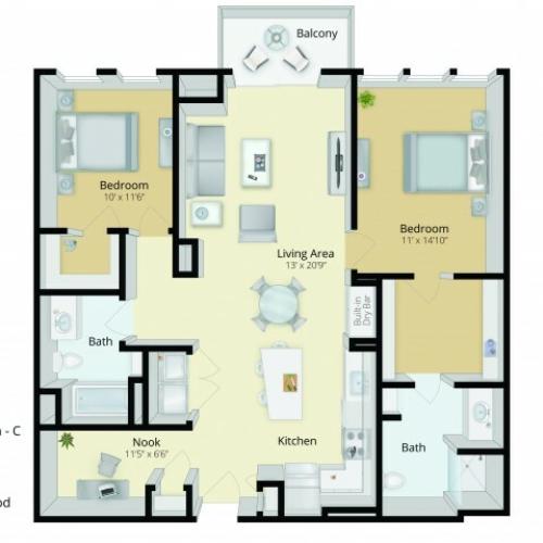 B3D Floor Plan | 2 Bedroom with 2 Bath and Den | 1219 Square Feet | Cottonwood One Upland | Apartment Homes