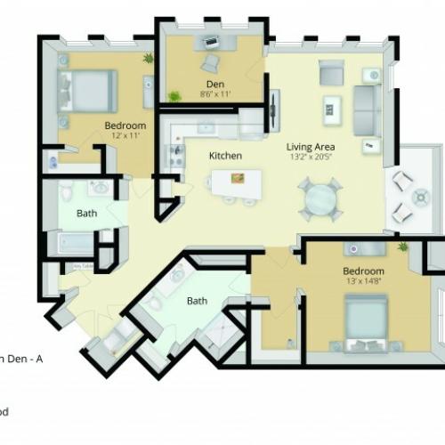 B6D Floor Plan | 2 Bedroom with 2 Bath and Den | 1378 Square Feet | Cottonwood One Upland | Apartment Homes