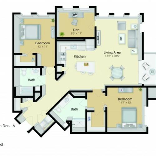B5D Floor Plan | 2 Bedroom with 2 Bath and Den | 1361 Square Feet | Cottonwood One Upland | Apartment Homes
