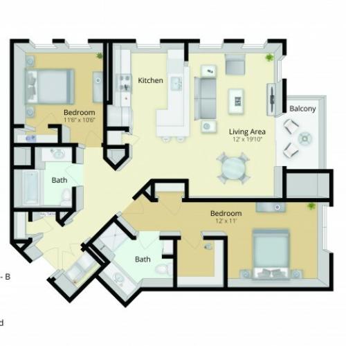 B2 Floor Plan | 2 Bedroom with 2 Bath | 1211 Square Feet | Cottonwood One Upland | Apartment Homes