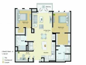 B1 Floor Plan | 2 Bedroom with 2 Bath | 1183 Square Feet | Cottonwood One Upland | Apartment Homes