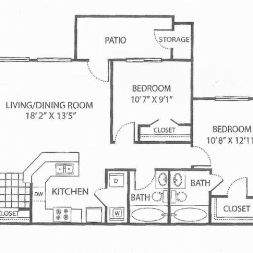 B-1 Floor Plan | 2 Bedroom with 2 Bath | 912 Square Feet | Toscana at Valley Ridge | Apartment Homes