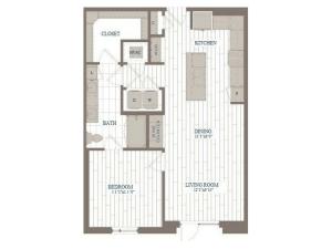 A1-Soho Floor Plan | 1 Bedroom with 1 Bath | 861 Square Feet | The Hudson | Apartment Homes
