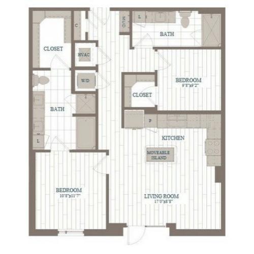 B1-Apple Floor Plan | 2 Bedroom with 2 Bath | 1009 Square Feet | The Hudson | Apartment Homes