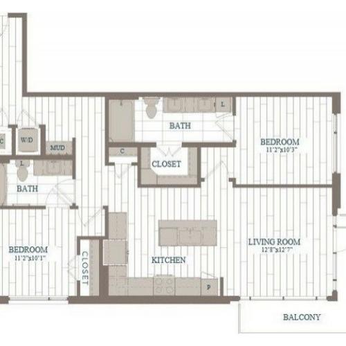 B4-Gotham Floor Plan | 2 Bedroom with 2 Bath | 1076 Square Feet | The Hudson | Apartment Homes