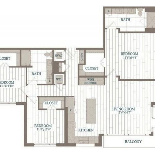 C1-Battery Floor Plan | 3 Bedroom with 2 Bath | 1631 Square Feet | The Hudson | Apartment Homes