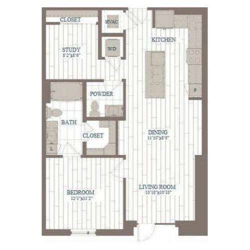A10a-Bronx w/ Study Floor Plan | 1 Bedroom with 1.5 Bath | 918 Square Feet | The Hudson | Apartment Homes