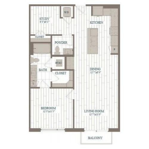 A30-Rockettes w/ Study Floor Plan | 1 Bedroom with 1.5 Bath | 948 Square Feet | The Hudson | Apartment Homes