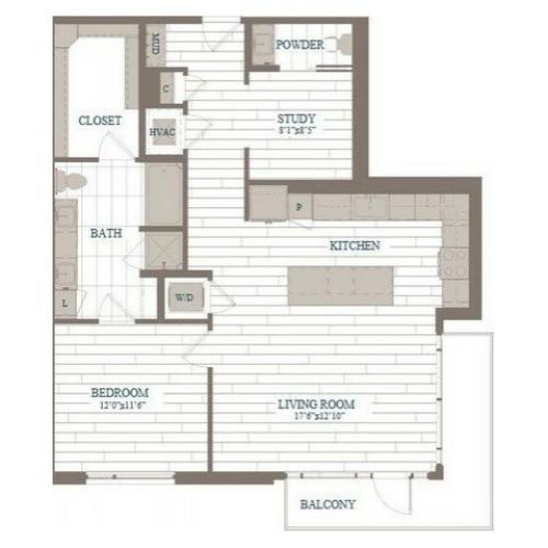 A50-Chelsea w/ Study Floor Plan | 1 Bedroom with 1.5 Bath | 1053 Square Feet | The Hudson | Apartment Homes
