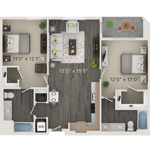 B1 Floor Plan | 2 Bedroom with 2 Bath | 938 Square Feet | Park Avenue  | Apartment Homes