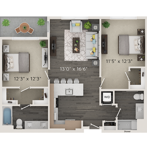 B2 Floor Plan | 2 Bedroom with 2 Bath | 959 Square Feet | Park Avenue  | Apartment Homes