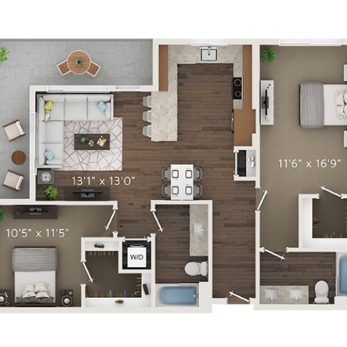 B4 Floor Plan | 2 Bedroom with 2 Bath | 1051 Square Feet | Park Avenue  | Apartment Homes
