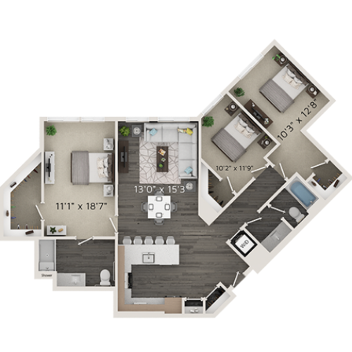 C1 Floor Plan | 3 Bedroom with 2 Bath | 1288 Square Feet | Park Avenue  | Apartment Homes