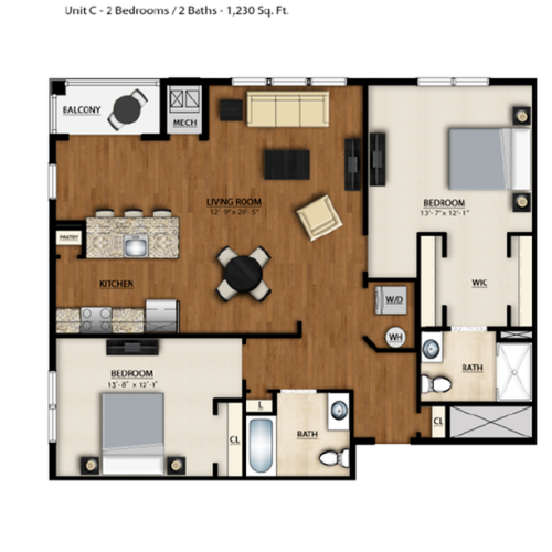 C Floor Plan | 2 Bedroom 2 Bath | 1230 Square Feet | Parc Westborough | Apartment Homes