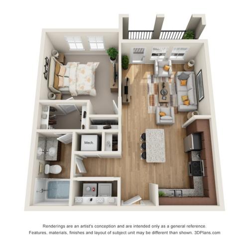 View of 1 Bedroom Floor Plan at Cottonwood Lighthouse Point Apartments in Pompano Beach