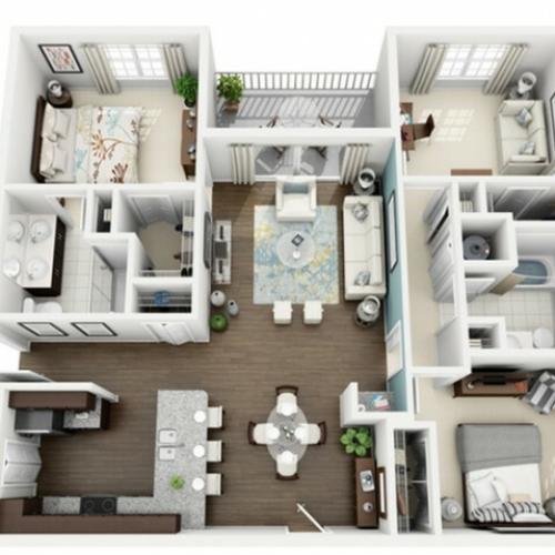 Radiant Floor Plan | 3 Bedroom with 2 Bath | 1306 Square Feet | The Marq Highland Park | Apartment Homes