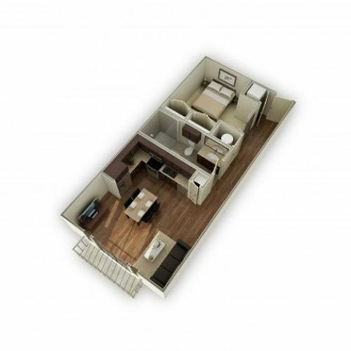 880-A1 3D Floor Plan | 1 Bedroom with 1 Bath | 622 Square Feet | 3800 Main | Apartment Homes