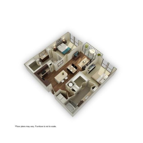 3800-B1 3D Floor Plan | 2 Bedroom with 2 Bath | 1069 Square Feet | 3800 Main | Apartment Homes