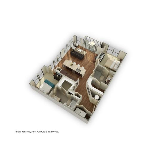 3800-B2 3D Floor Plan | 2 Bedroom with 2 Bath | 1212 Square Feet | 3800 Main | Apartment Homes